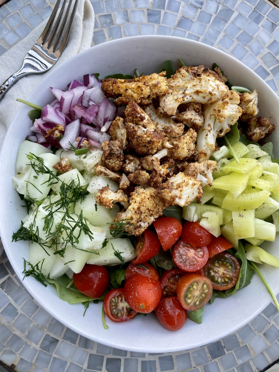 Roasted Chili Tahini Cauliflower Mediterranen Bowl