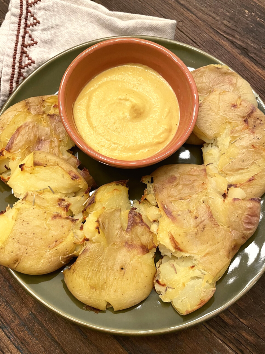 Smashed Potatoes + Curry Dipping Sauce - Healthy Dinner Recipe